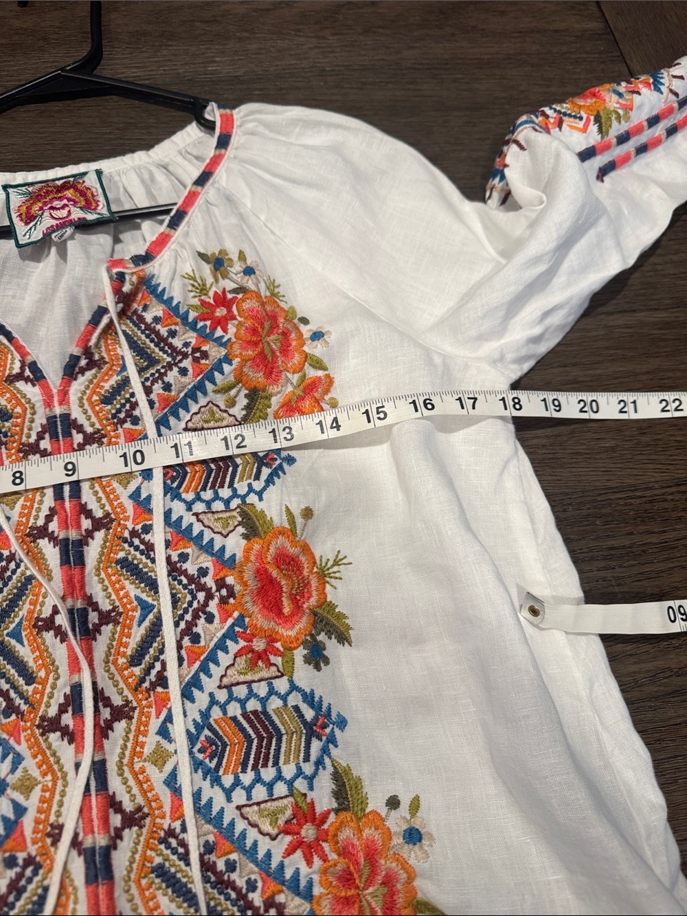 Johnny Was embroidered boho Peasant Top - White with Orange & Blue Floral detail - Picture 6 of 7